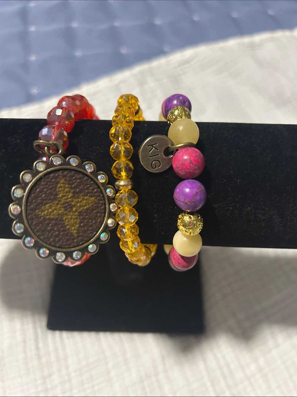 Keep It Gypsy Set of 3. Beaded bracelet w/upcycled LV Floral Charm